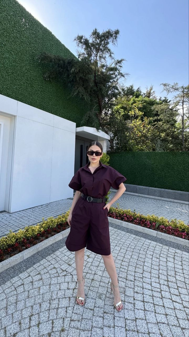 ASSEMA Kadın Yakalı Gömlek Kemerli Şortlu Alt-Üst Takım - Bordo