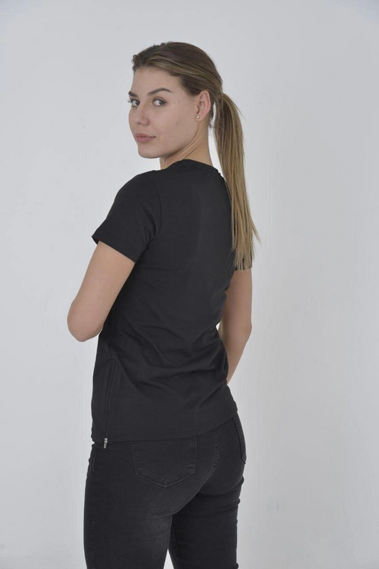 ASSEMA Kadın Yanlardan Fermuarlı T-Shirt Kısa Kol Bisiklet Yaka Slimfit Tişört  - Siyah