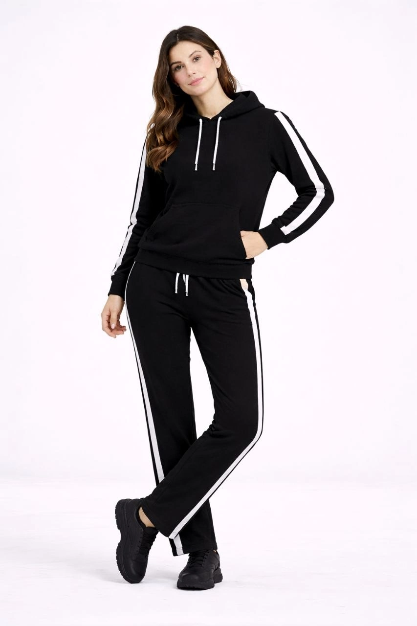 ASSEMA KADIN Yandan Şeritli Eşofman Takım Kapüşonlu Sweatshirt Boru Paça Alt Oversize 3 - Siyah