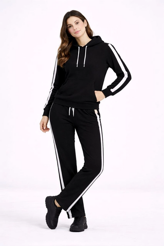 ASSEMA KADIN Yandan Şeritli Eşofman Takım Kapüşonlu Sweatshirt Boru Paça Alt Oversize 3 - Siyah