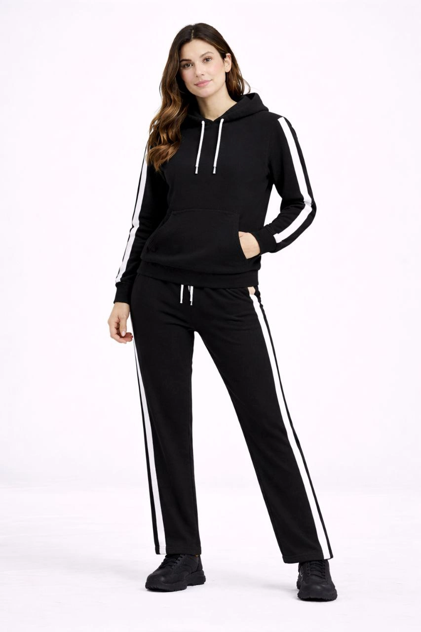 ASSEMA KADIN Yandan Şeritli Eşofman Takım Kapüşonlu Sweatshirt Boru Paça Alt Oversize 3 - Siyah