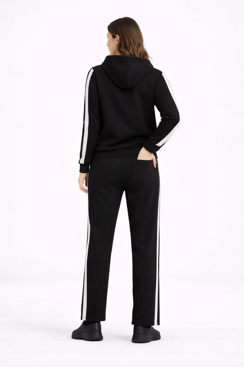 ASSEMA KADIN Yandan Şeritli Eşofman Takım Kapüşonlu Sweatshirt Boru Paça Alt Oversize 3 - Siyah