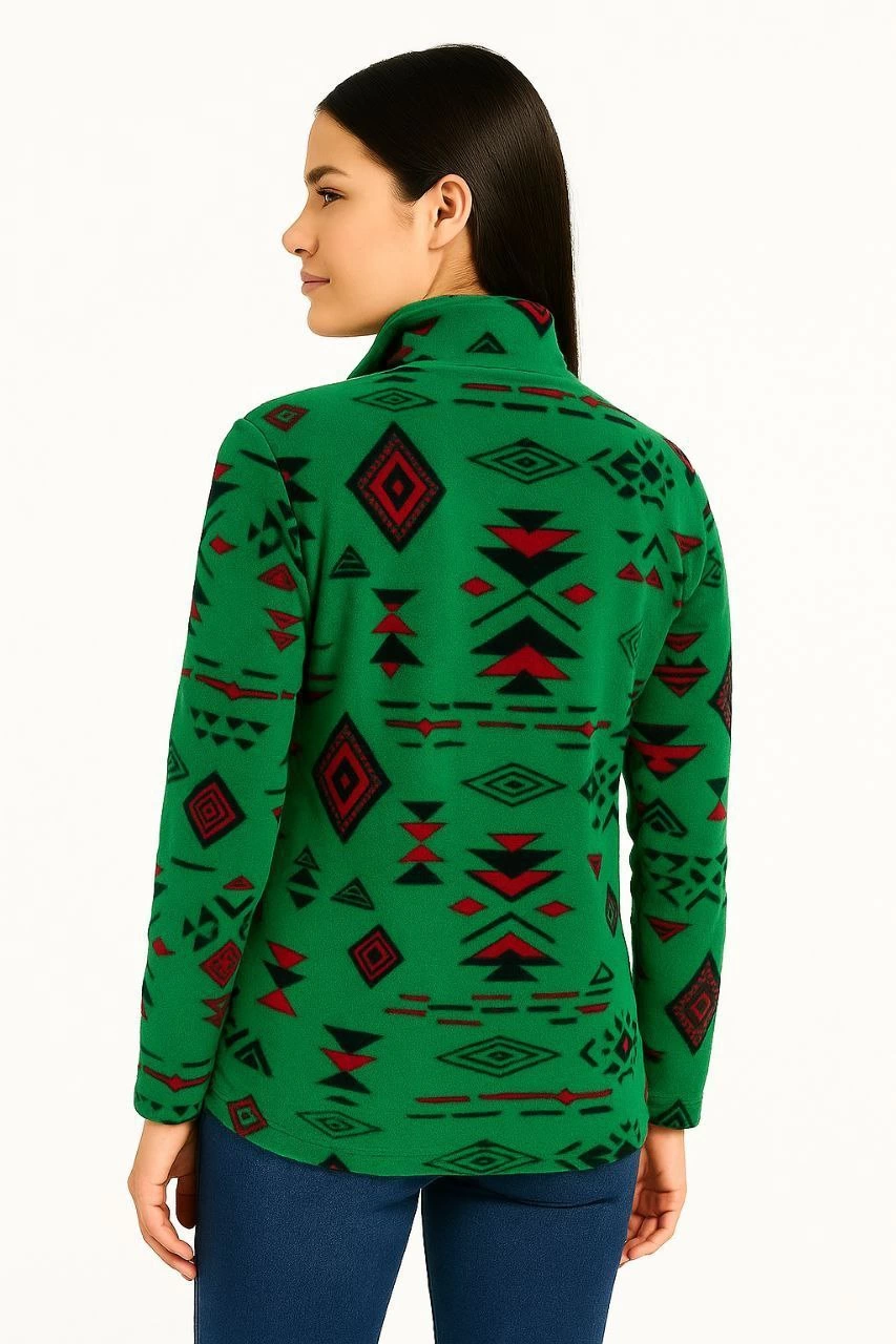 ASSEMA Kadın Yarım Fermuarlı Desenli Polar Sweat Tribal Etnik Desen Yakalı Uzun Kollu - Yeşil