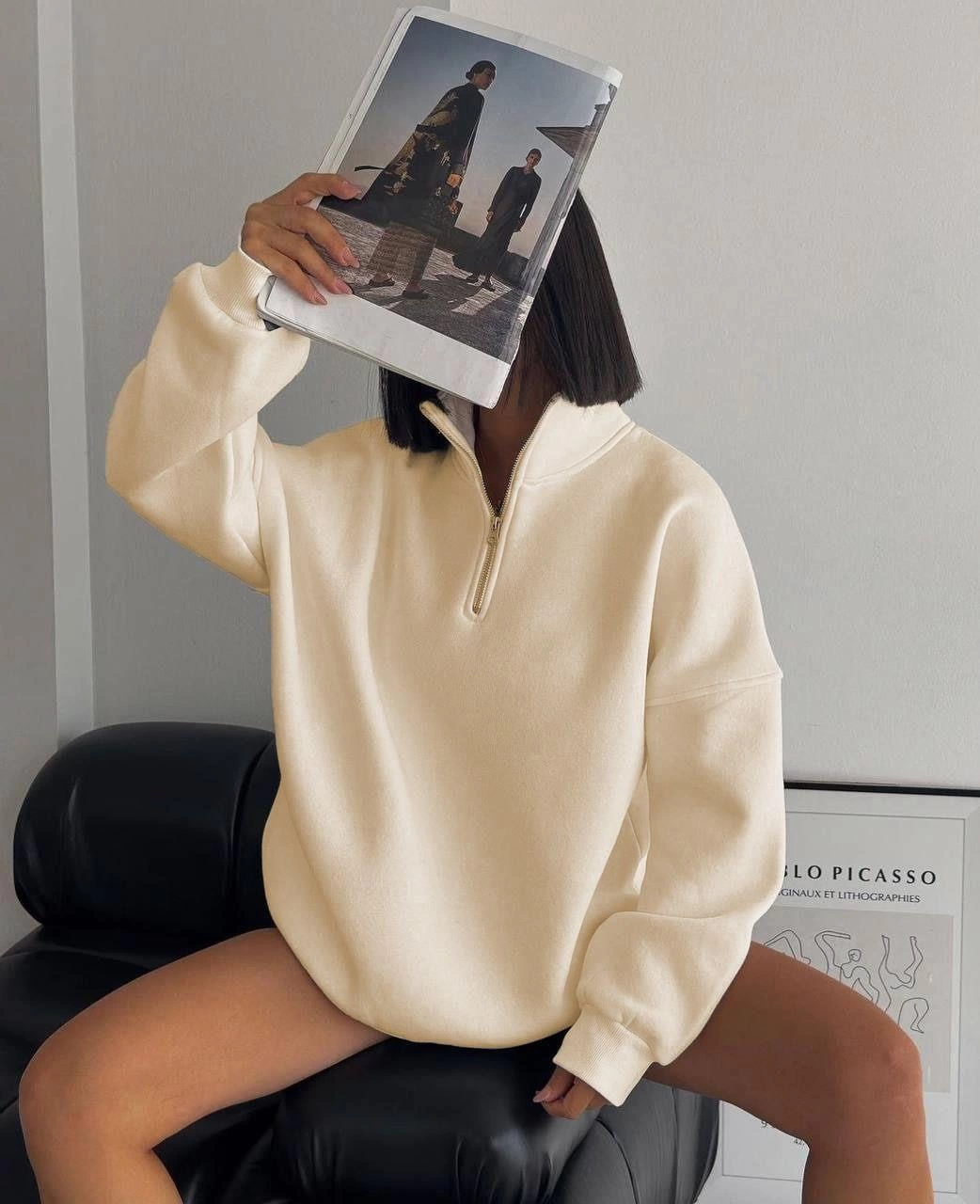 ASSEMA Kadın Yarım Fermuarlı Üç İplik Sweatshirt - Bej