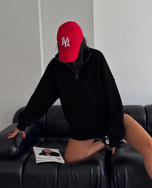 ASSEMA Kadın Yarım Fermuarlı Üç İplik Sweatshirt - Siyah