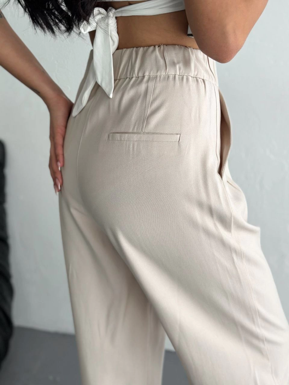 ASSEMA Kadın Yüksel Bel Beli Bağcıklı Rahat Boru Paça Pantalon - Kırık Beyaz