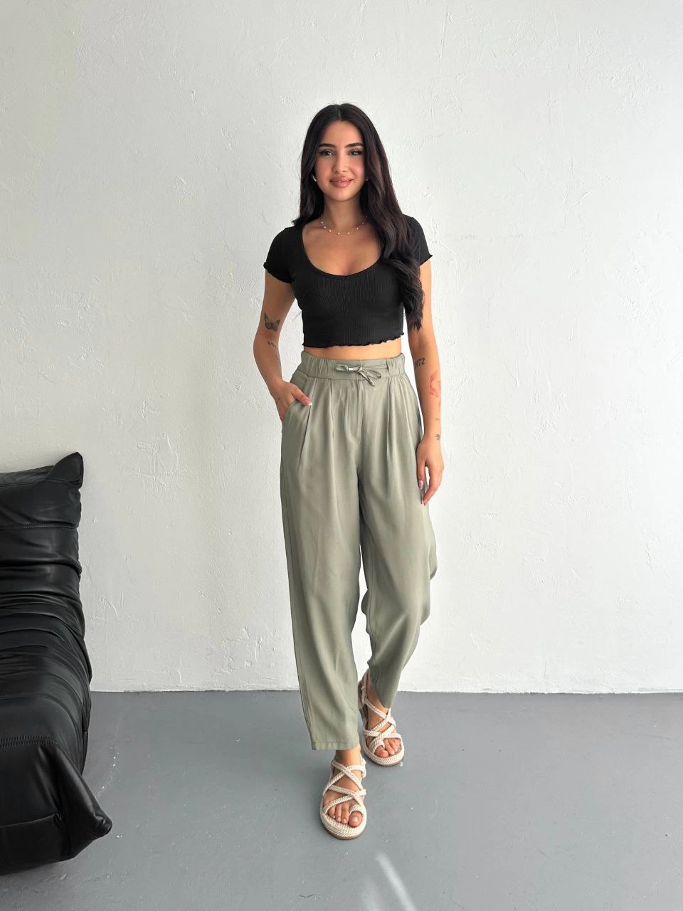ASSEMA Kadın Yüksel Bel Beli Bağcıklı Cepli Rahat Paça Pantalon - Su Yeşili