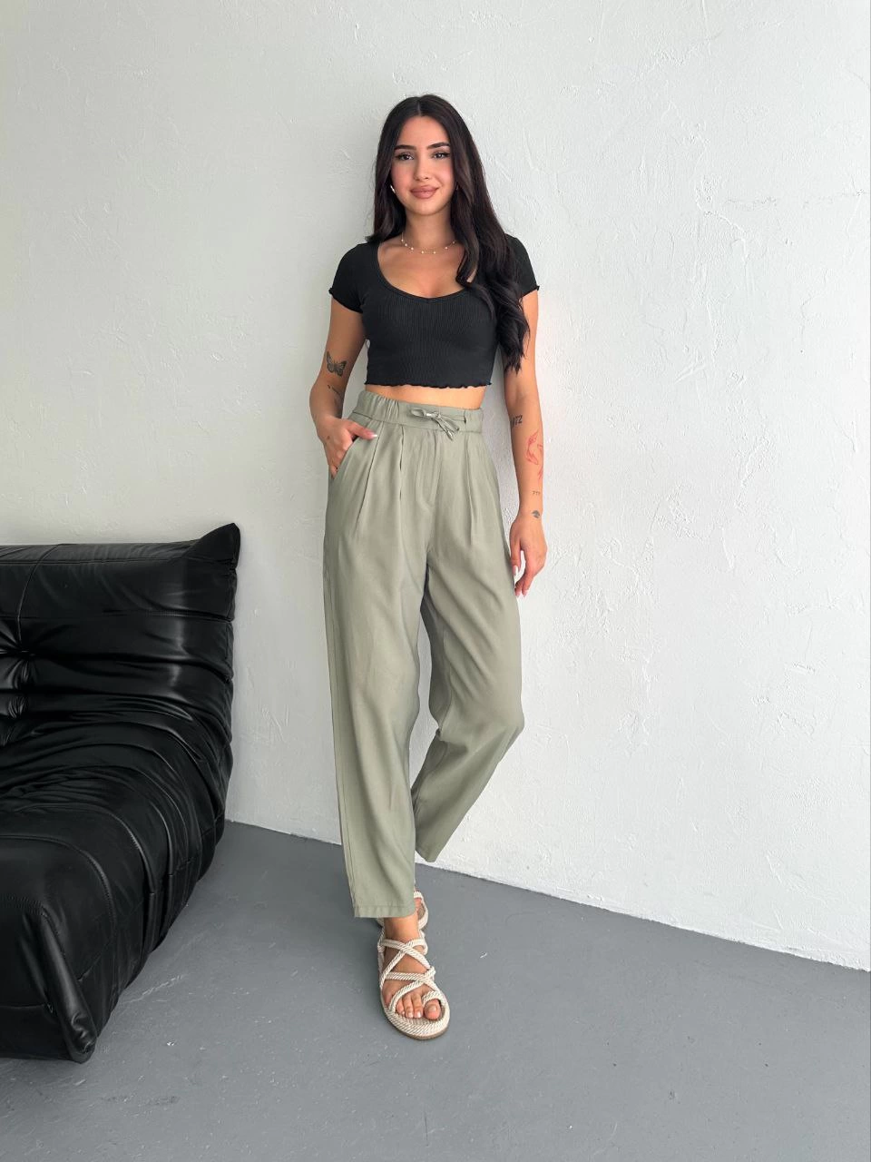ASSEMA Kadın Yüksel Bel Beli Bağcıklı Cepli Rahat Paça Pantalon - Su Yeşili