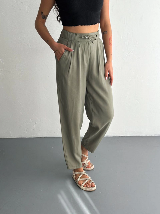 ASSEMA Kadın Yüksel Bel Beli Bağcıklı Cepli Rahat Paça Pantalon - Su Yeşili