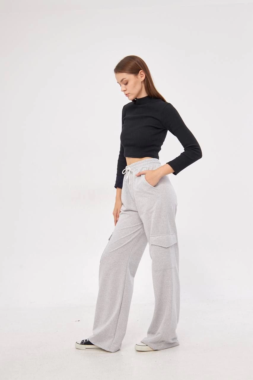 ASSEMA Kargo Cepli Palazzo Oversize Kesim İki iplik Bol Paça Eşofman Altı Pantalon - Gri