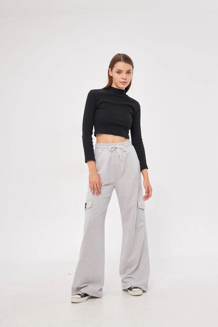 ASSEMA Kargo Cepli Palazzo Oversize Kesim İki iplik Bol Paça Eşofman Altı Pantalon - Gri