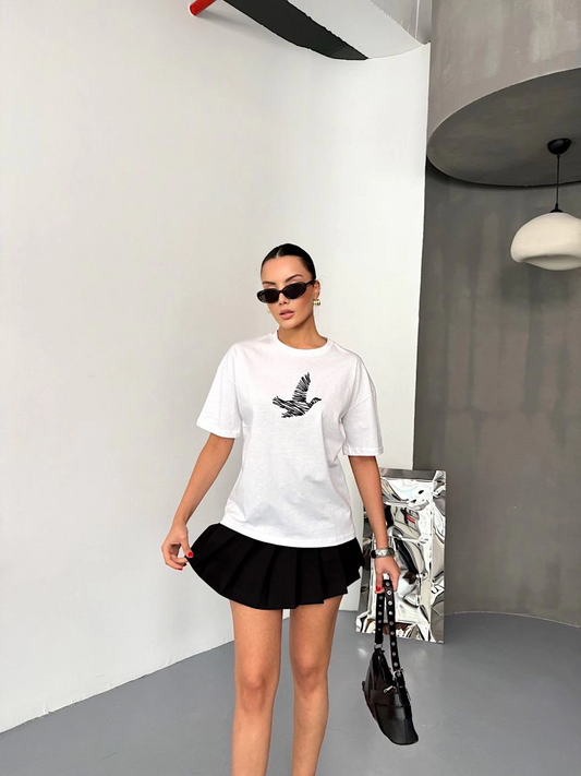 ASSEMA Kadın Kısa Kol Baskılı T-shirt - Beyaz
