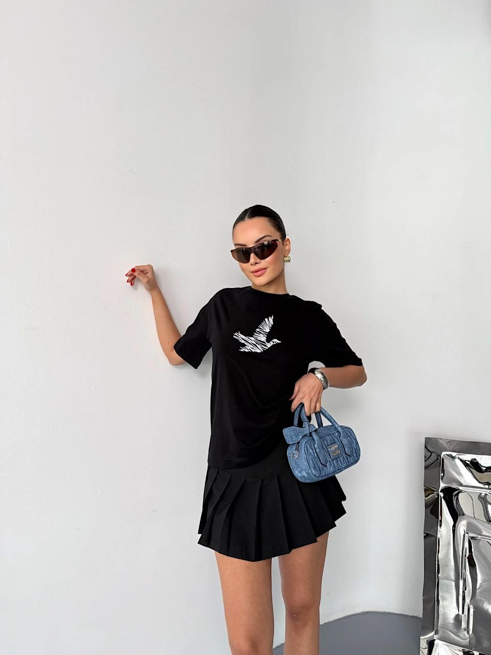 ASSEMA Kadın Kısa Kol Baskılı T-shirt - Siyah