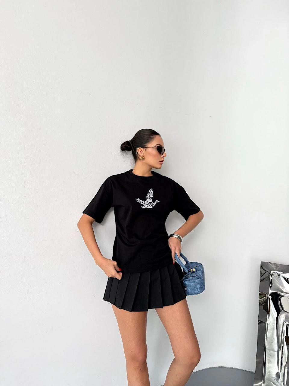 ASSEMA Kadın Kısa Kol Baskılı T-shirt - Siyah