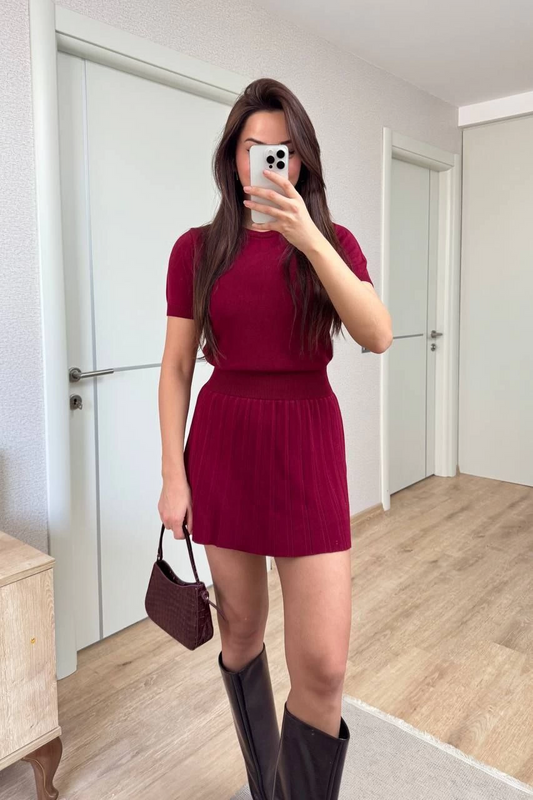 ASSEMA Kadın Kısa Kollu Bluz Mini Etekli ikili Takım Triko - Bordo