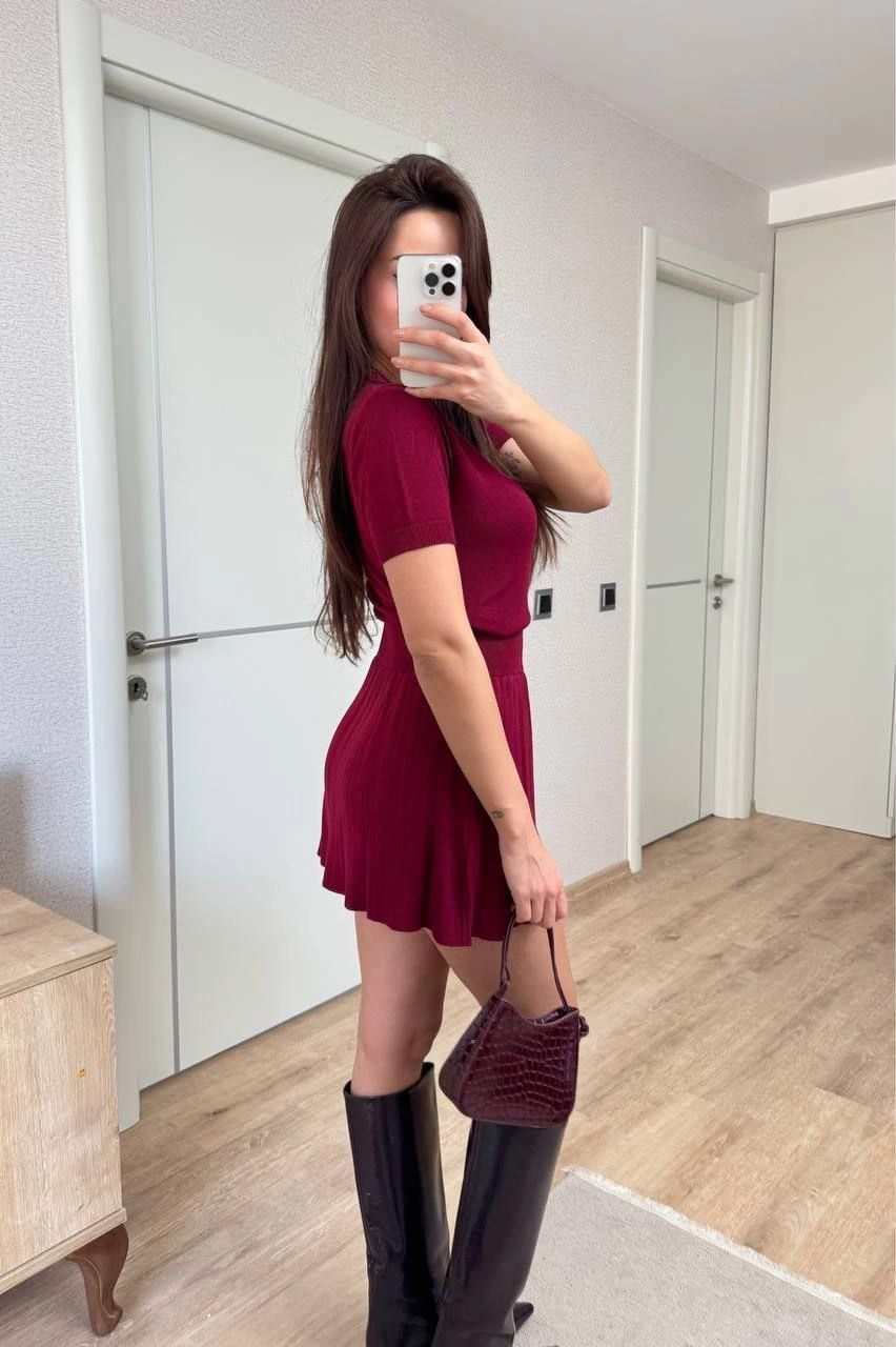 ASSEMA Kadın Kısa Kollu Bluz Mini Etekli ikili Takım Triko - Bordo