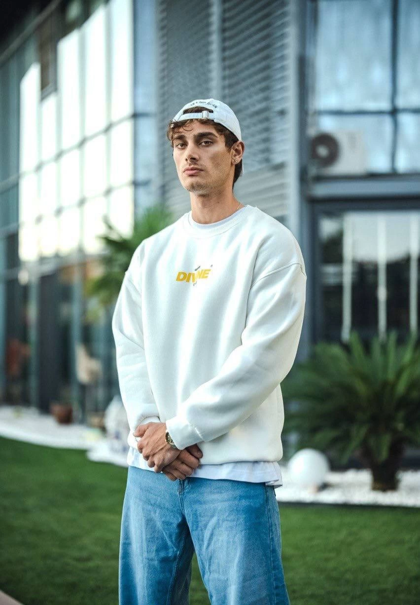 ASSEMA Erkek üç iplik pamuklu Kışlık Bisiklet Yaka Baskılı SweatShirt - Beyaz