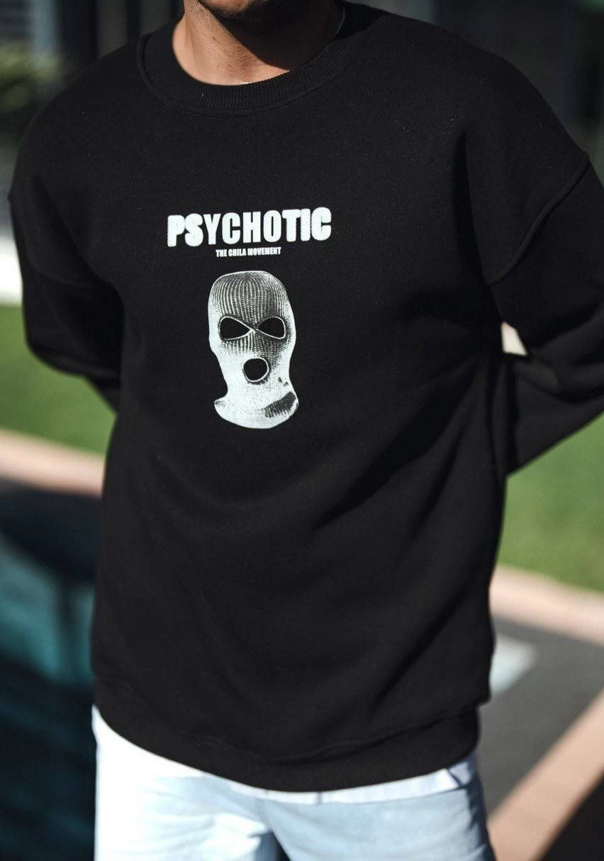 ASSEMA Erkek üç iplik pamuklu Kışlık Bisiklet Yaka Baskılı SweatShirt - Siyah