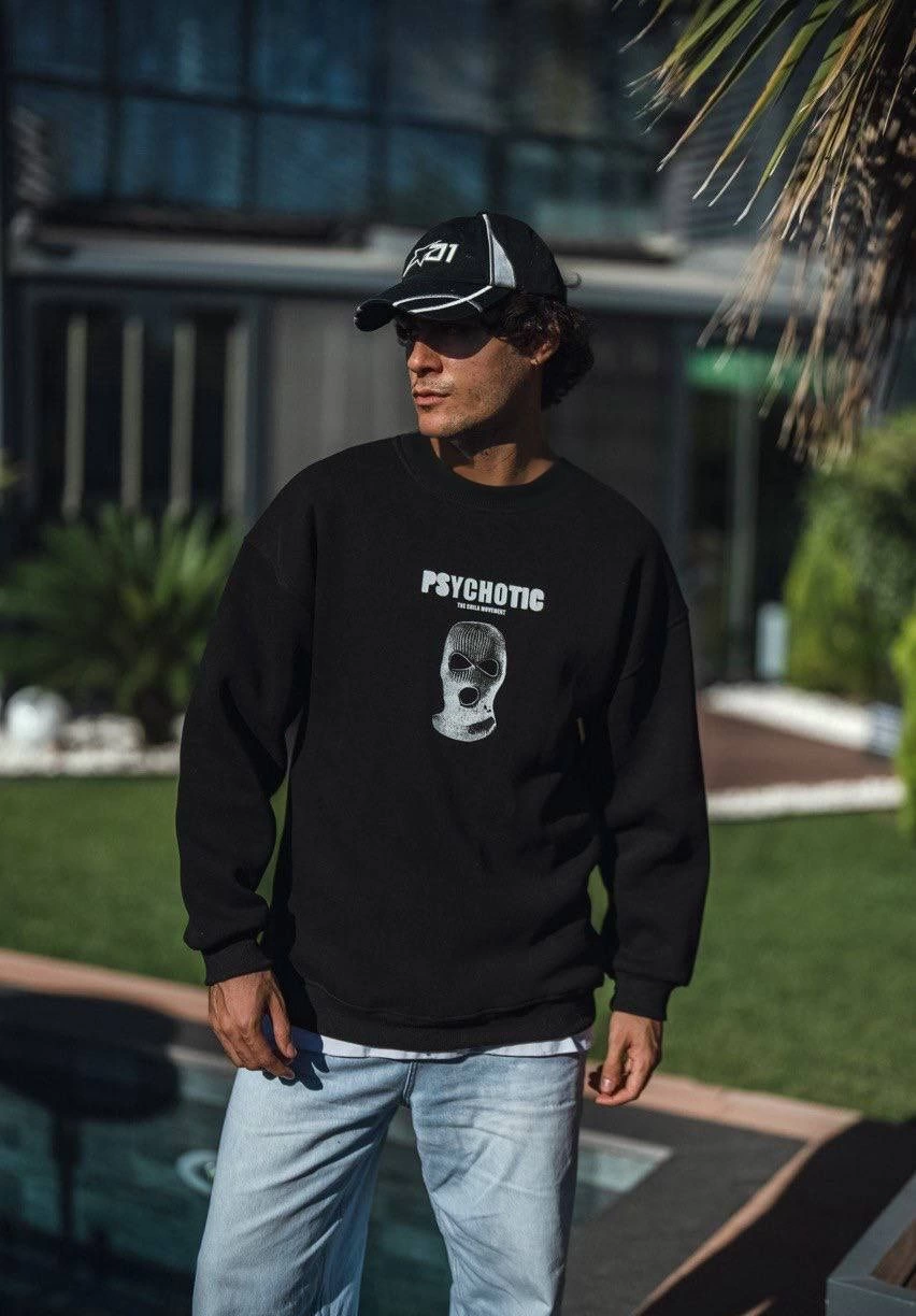 ASSEMA Erkek üç iplik pamuklu Kışlık Bisiklet Yaka Baskılı SweatShirt - Siyah