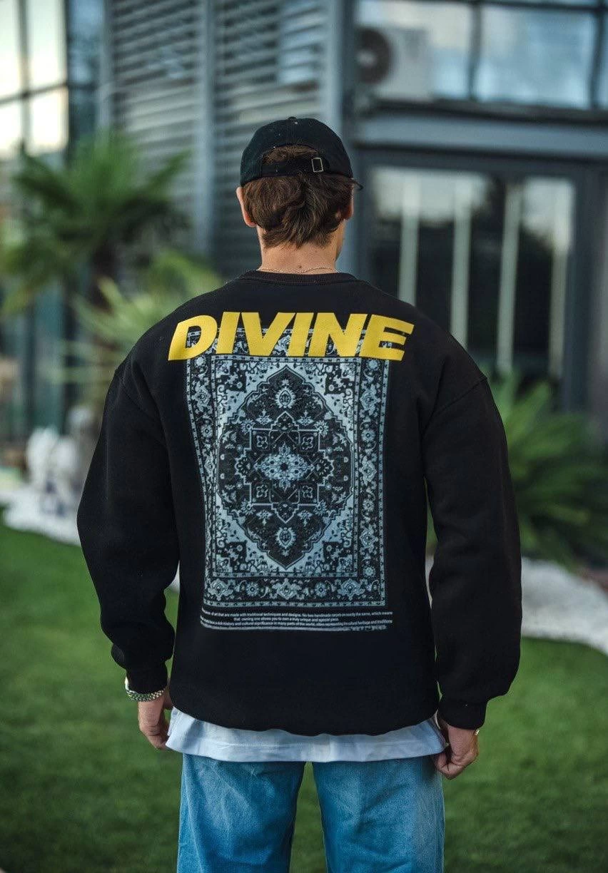 ASSEMA Erkek üç iplik pamuklu Kışlık Bisiklet Yaka Baskılı SweatShirt - Siyah