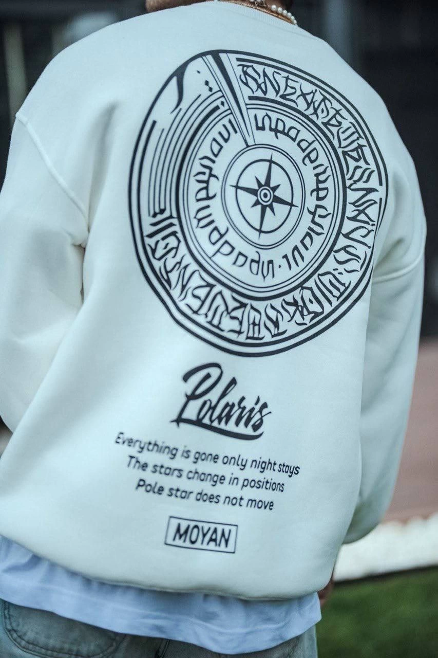 ASSEMA Erkek üç iplik pamuklu Bisiklet Yaka Ön Ve Arka Baskılı SweatShirt - Beyaz