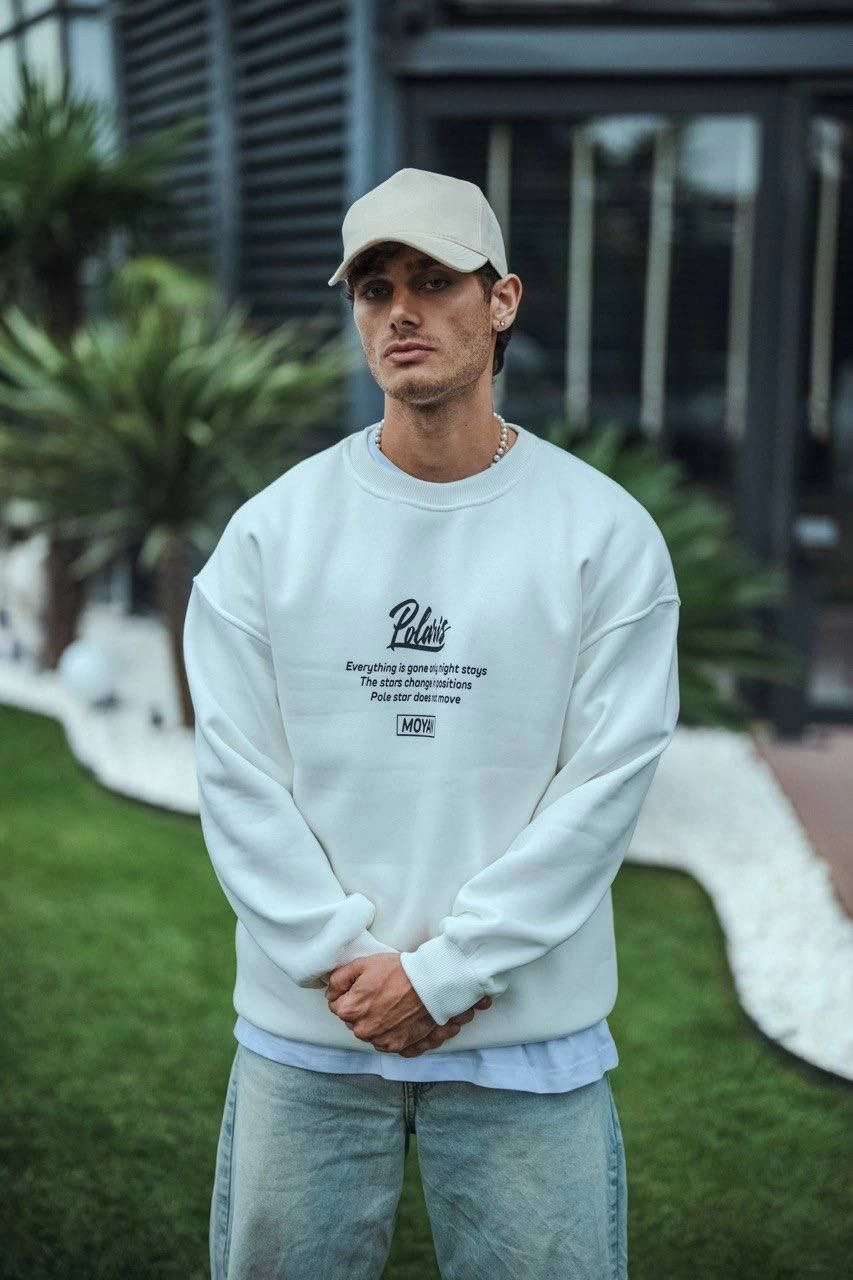 ASSEMA Erkek üç iplik pamuklu Bisiklet Yaka Ön Ve Arka Baskılı SweatShirt - Beyaz