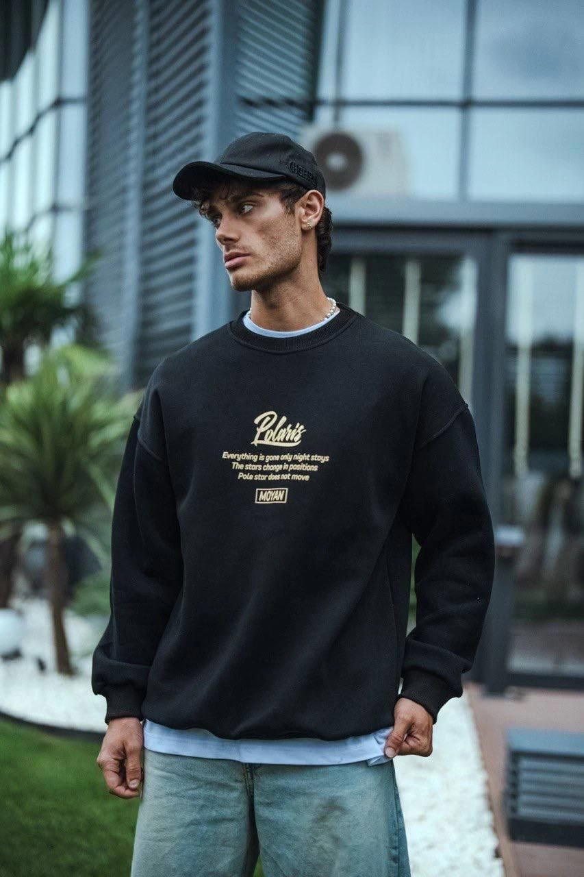 ASSEMA Erkek üç iplik pamuklu Bisiklet Yaka Ön Ve Arka Baskılı SweatShirt - Siyah