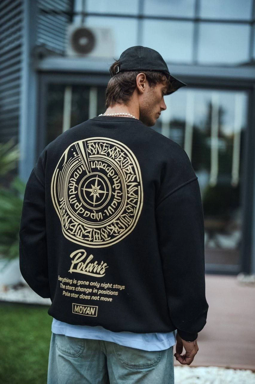 ASSEMA Erkek üç iplik pamuklu Bisiklet Yaka Ön Ve Arka Baskılı SweatShirt - Siyah