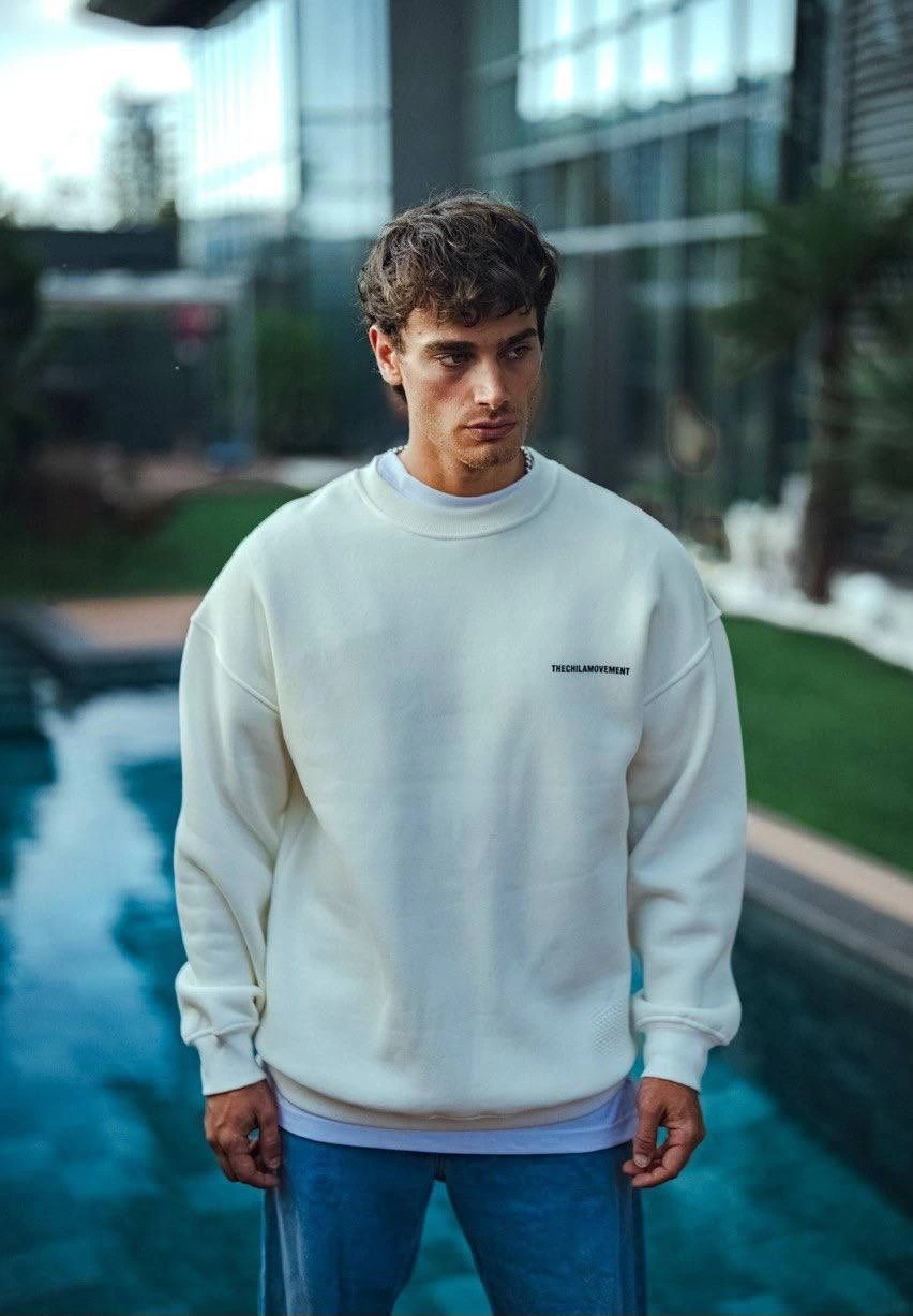 ASSEMA Erkek üç iplik pamuklu Bisiklet Yaka Oversize Baskılı SweatShirt - Beyaz