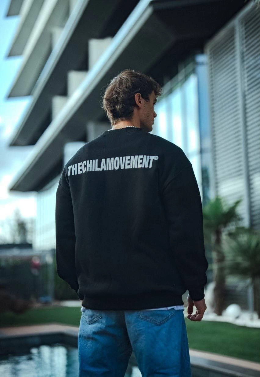 ASSEMA Kışlık Bisiklet Yaka Oversize Baskılı SweatShirt - Siyah