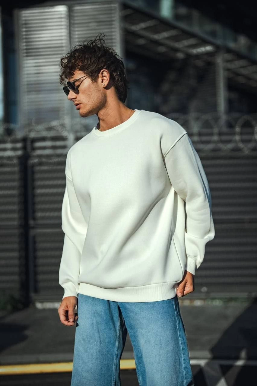 ASSEMA Erkek Kışlık Bisiklet Yaka Üç İplik Basic SweatShirt - Beyaz