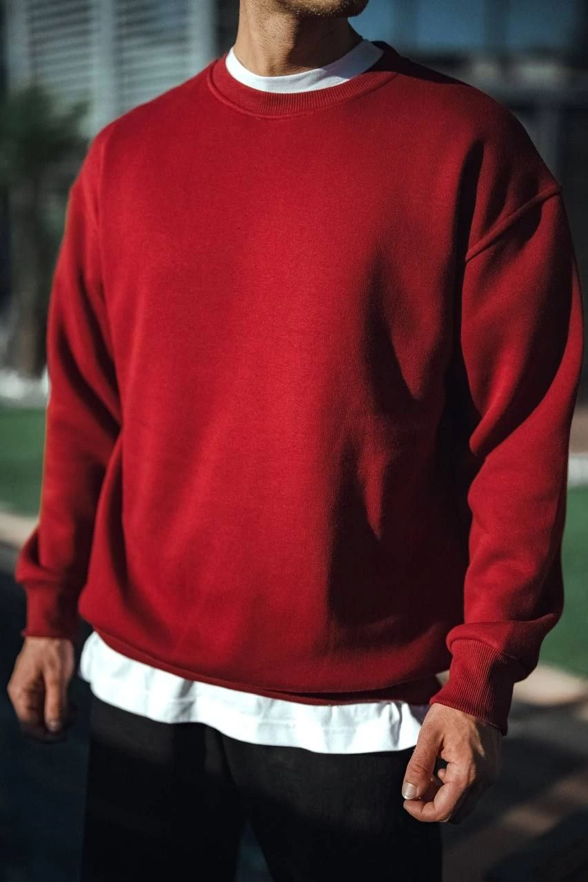 ASSEMA Kışlık Bisiklet Yaka Üç İplik Basic SweatShirt - Bordo