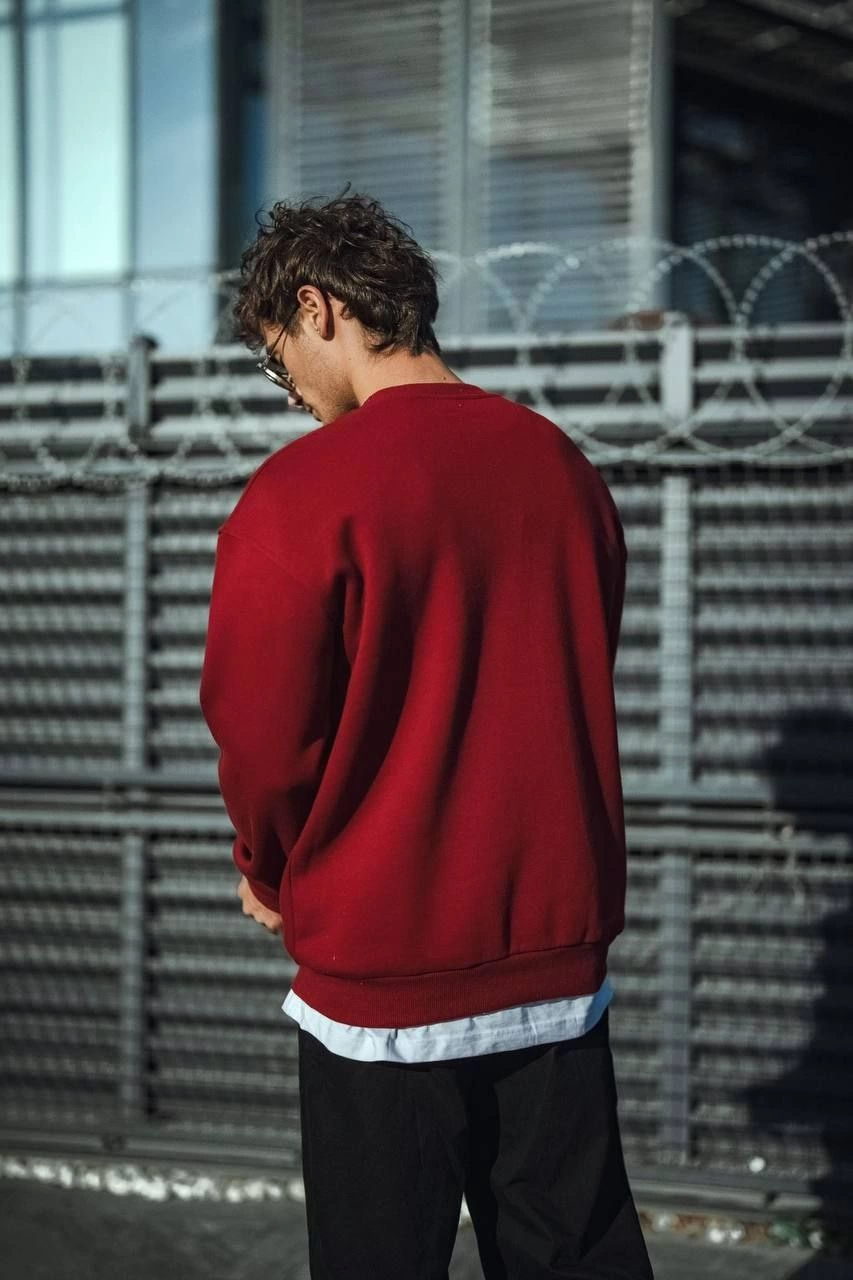 ASSEMA Kışlık Bisiklet Yaka Üç İplik Basic SweatShirt - Bordo