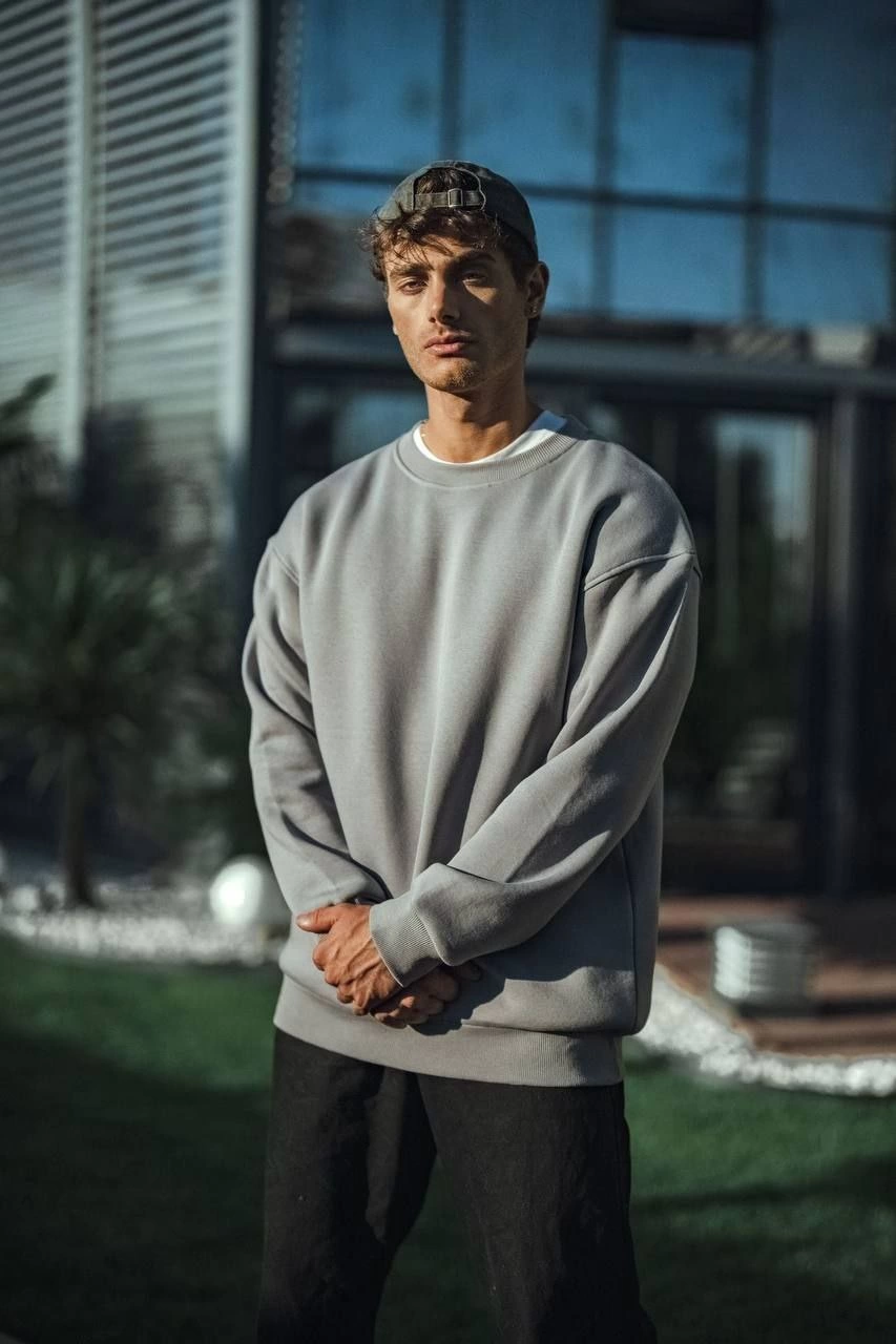 ASSEMA Erkek Kışlık Bisiklet Yaka Üç İplik Basic SweatShirt - Boyalı Gri