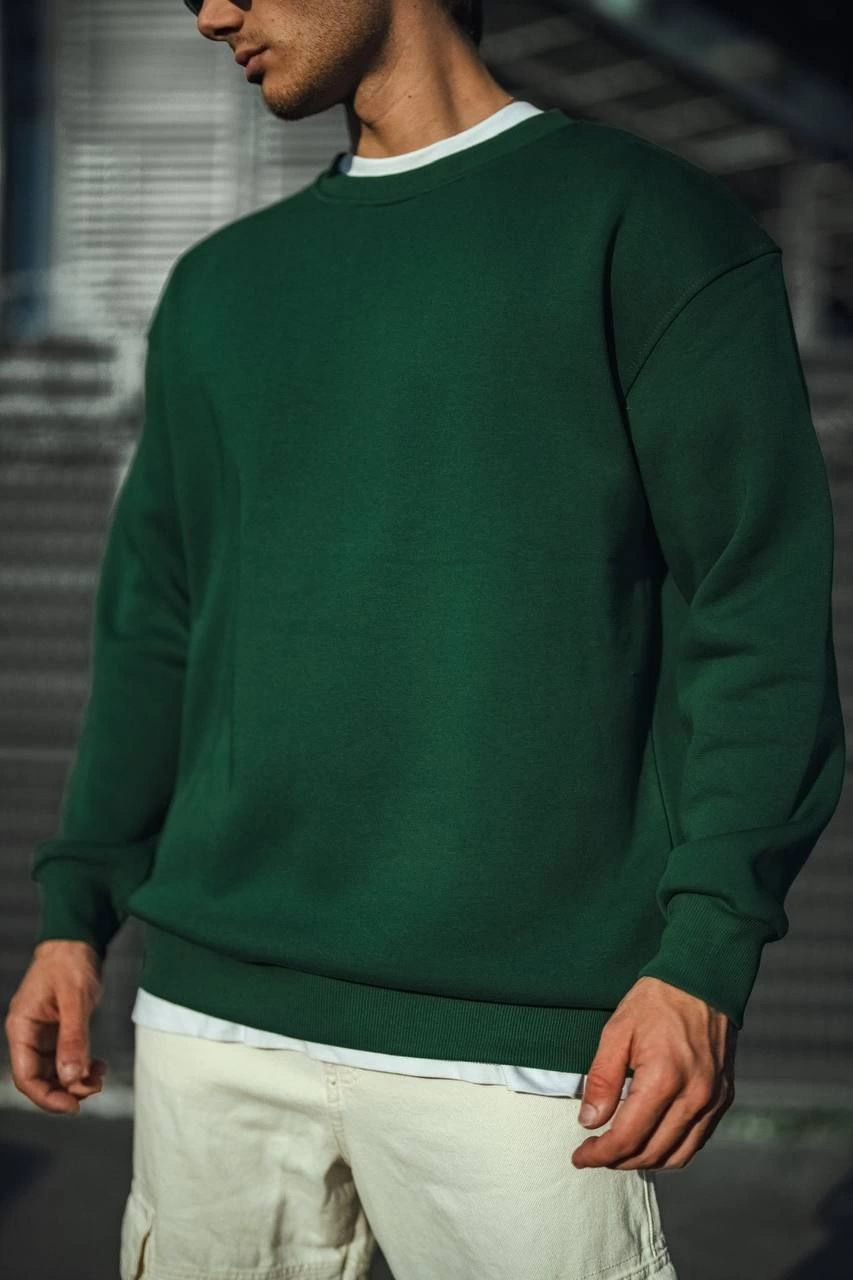 Erkek Bisiklet Yaka 3 İplik Pamuklu Basic SweatShirt - Haki