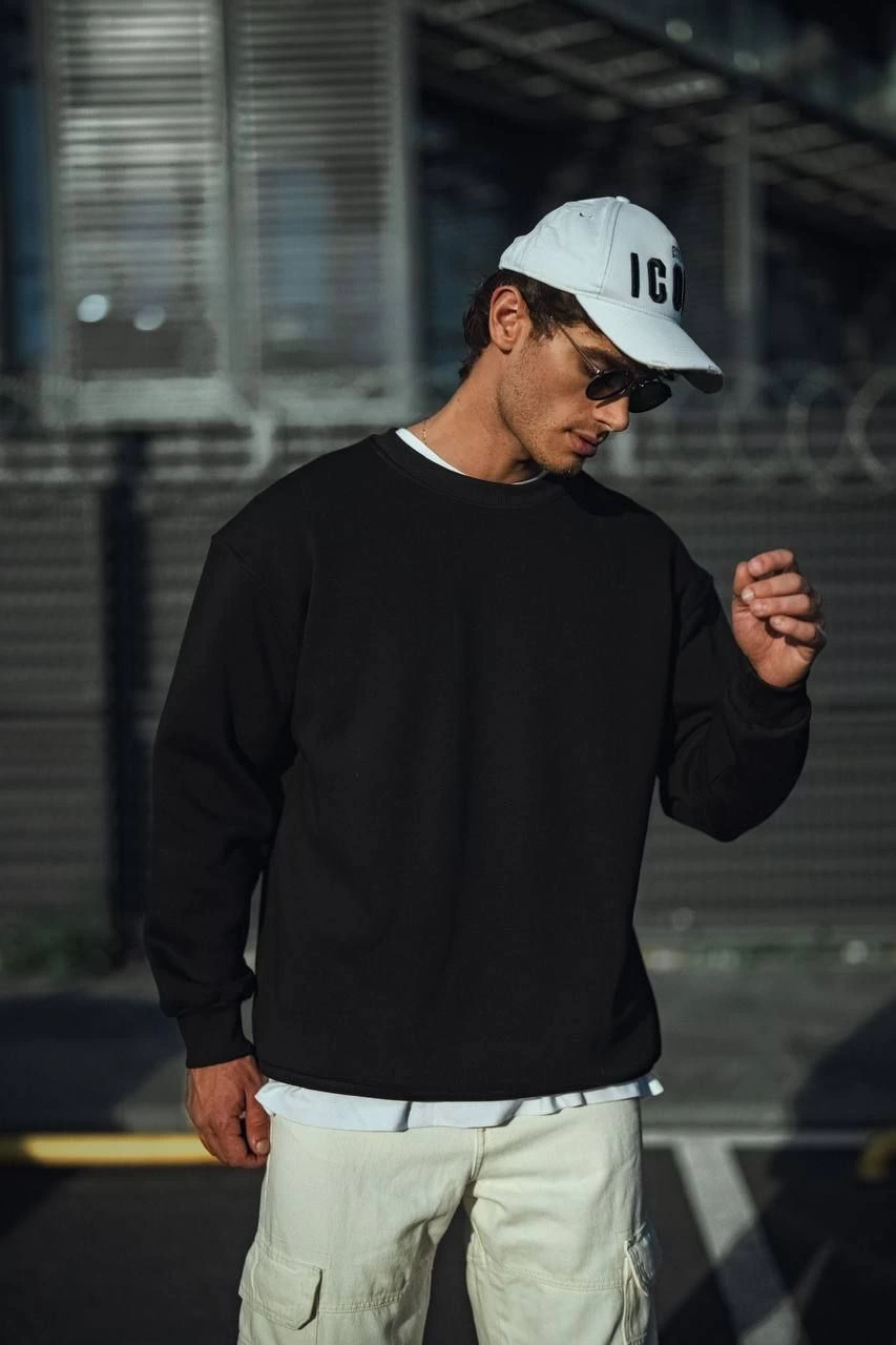 ASSEMA Erkek pamuklu Bisiklet Yaka Üç İplik Basic SweatShirt - Siyah