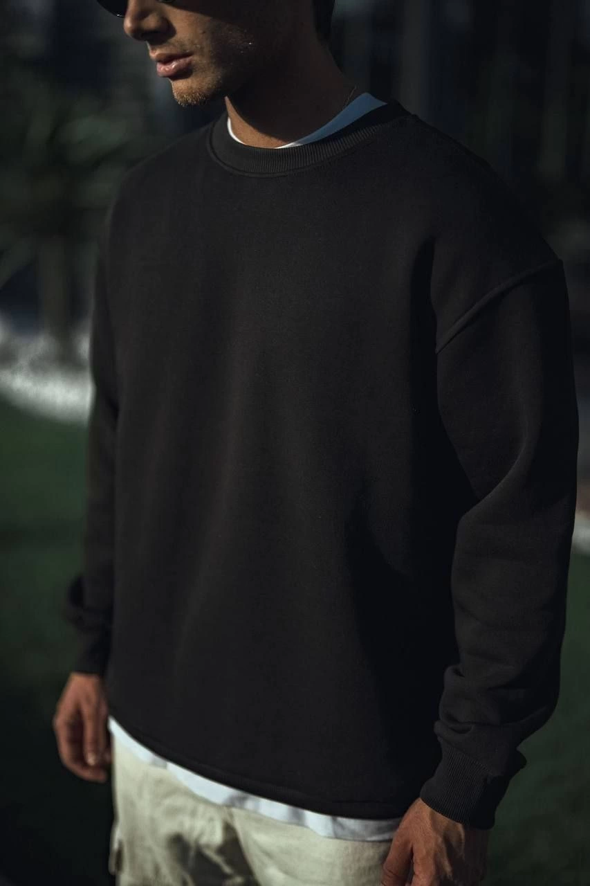 ASSEMA Erkek pamuklu Bisiklet Yaka Üç İplik Basic SweatShirt - Siyah