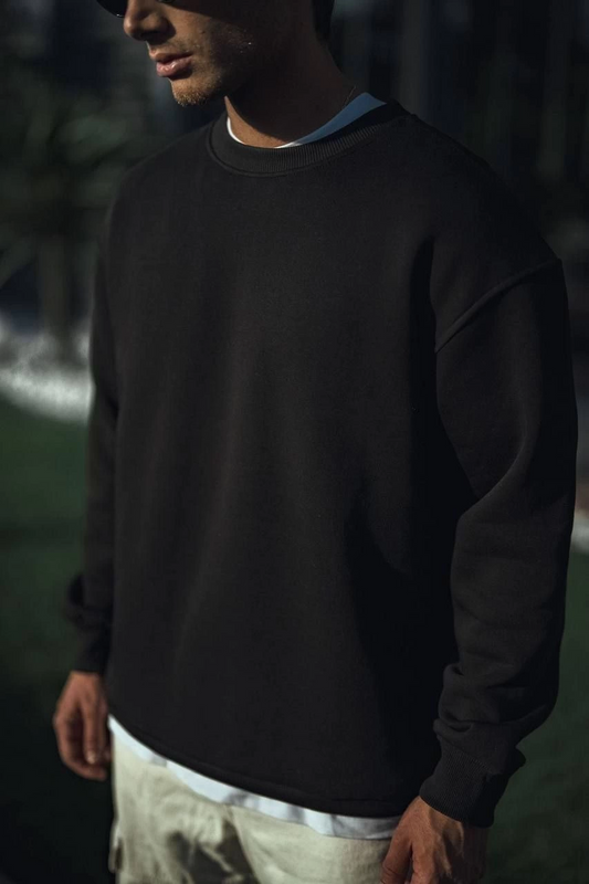 ASSEMA Erkek pamuklu Bisiklet Yaka Üç İplik Basic SweatShirt - Siyah