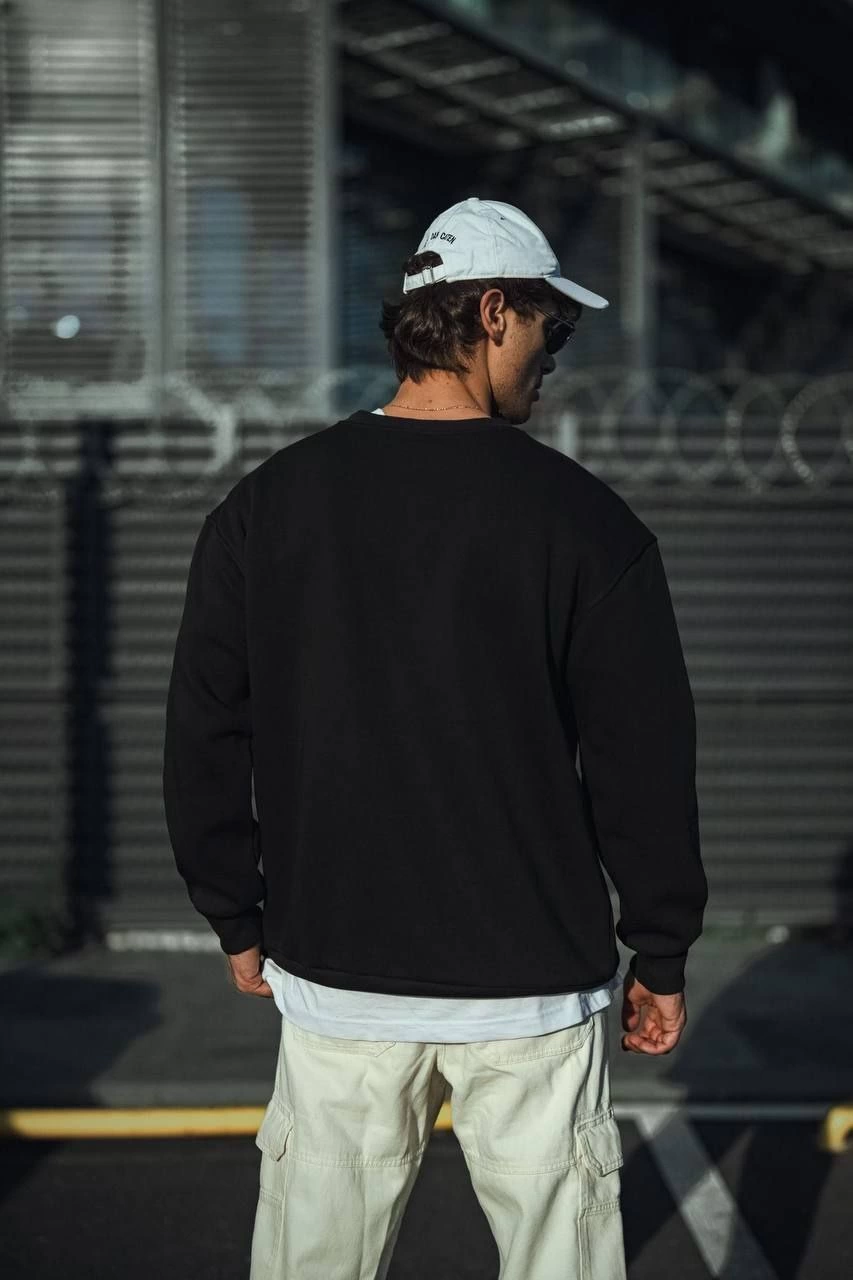 ASSEMA Erkek pamuklu Bisiklet Yaka Üç İplik Basic SweatShirt - Siyah