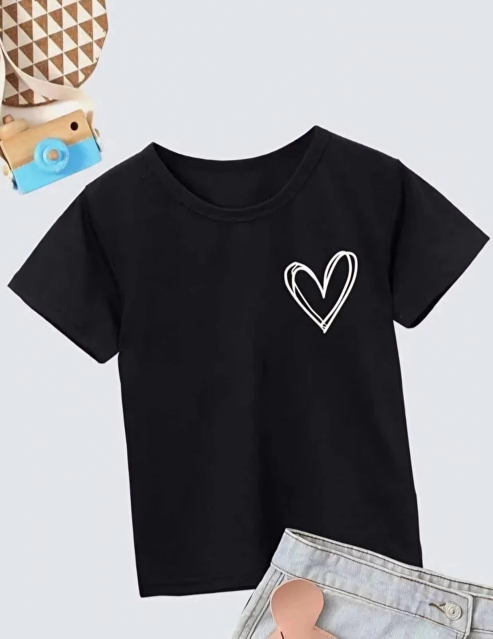 ASSEMA Kız Çocuk Bisiklet Yaka Baskılı T-Shirt - Siyah