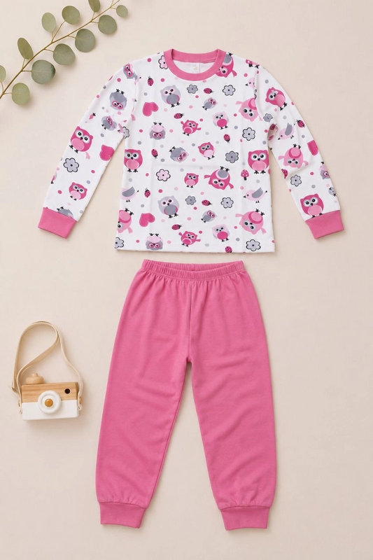 Kız Çocuk Premium Penye Baykuş Desenli Uzun Kollu Pijama Takımı 2-11 Yaş - Pembe