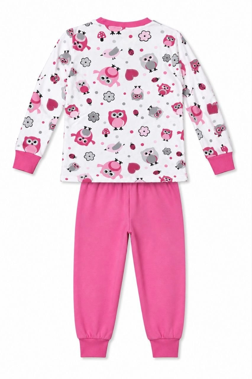 Kız Çocuk Premium Penye Baykuş Desenli Uzun Kollu Pijama Takımı 2-11 Yaş - Pembe