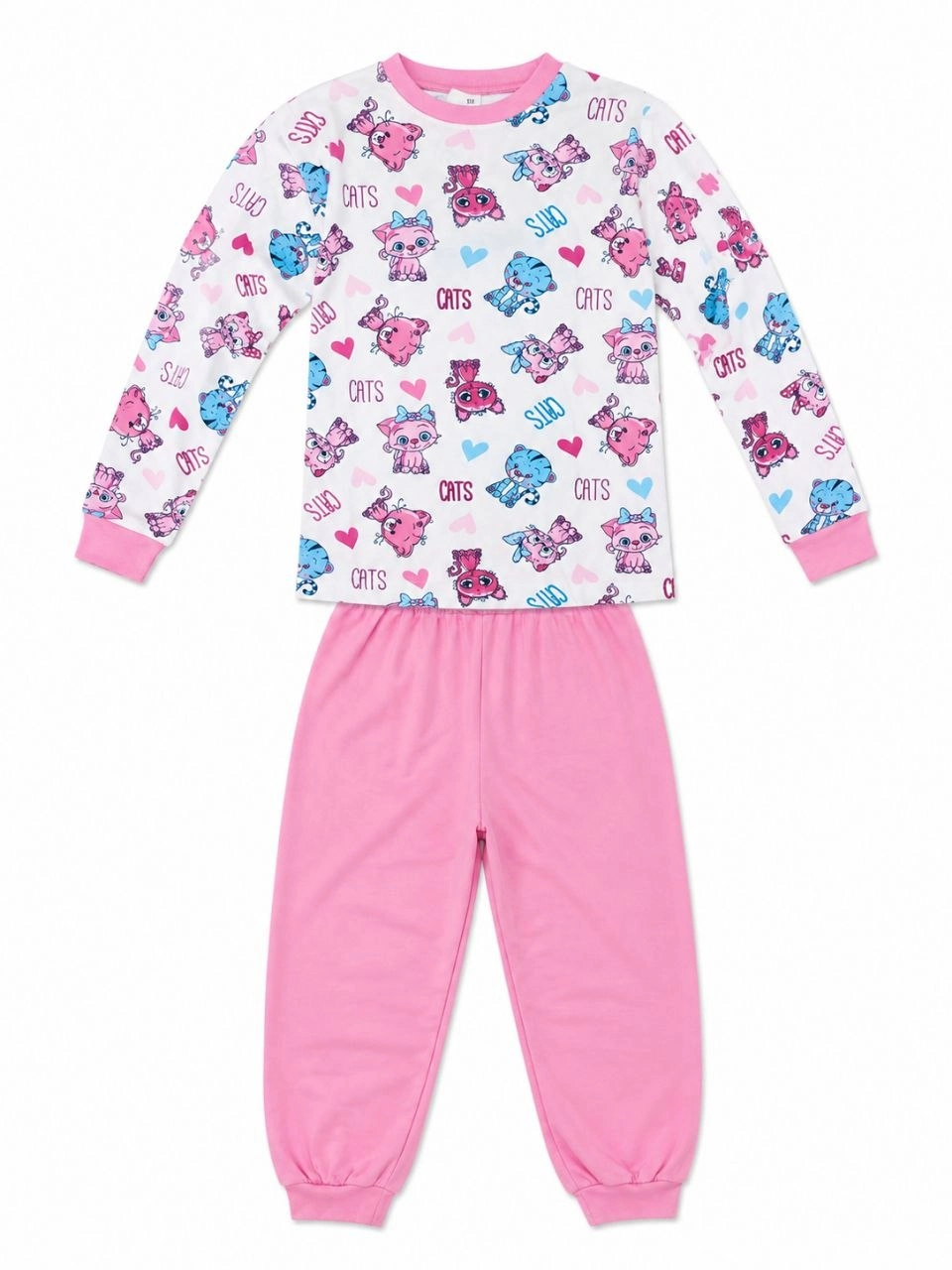Kız Çocuk Premium Penye Kedi Desenli Uzun Kollu Pijama Takımı 2-11 Yaş - Pembe