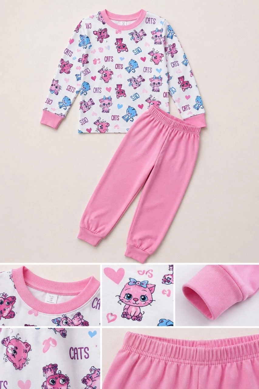Kız Çocuk Premium Penye Kedi Desenli Uzun Kollu Pijama Takımı 2-11 Yaş - Pembe