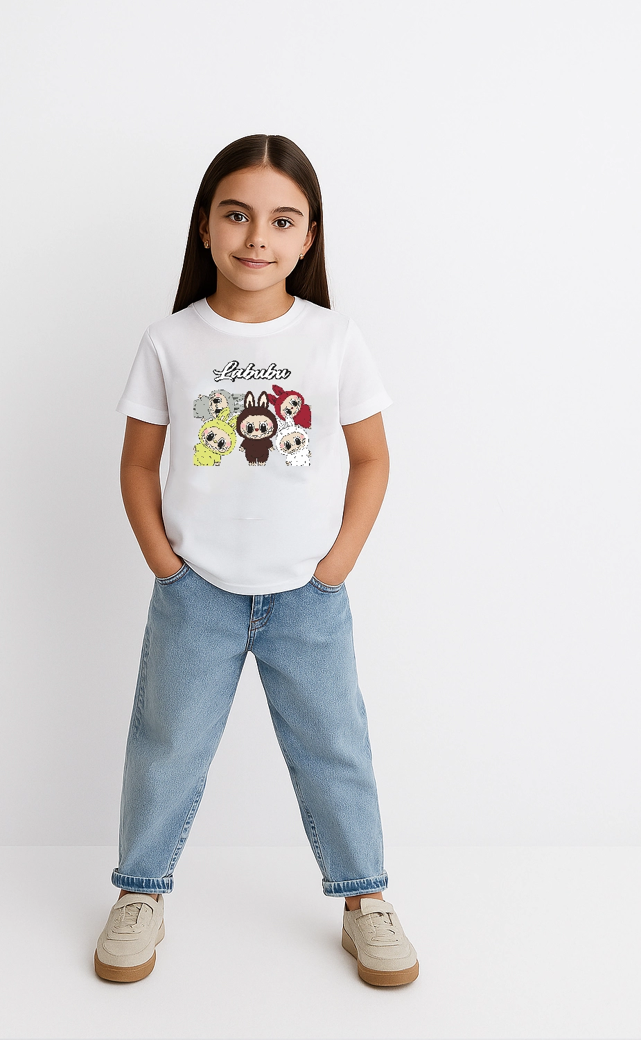 ASSEMA Kız Labubu Çocuk Baskılı T-Shirt - Beyaz