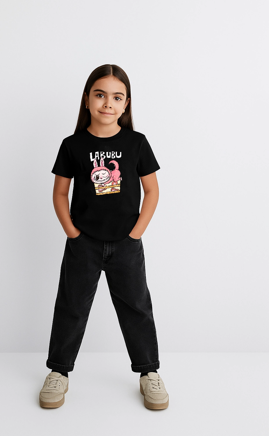 ASSEMA Kız Labubu Çocuk Baskılı T-Shirt - Siyah