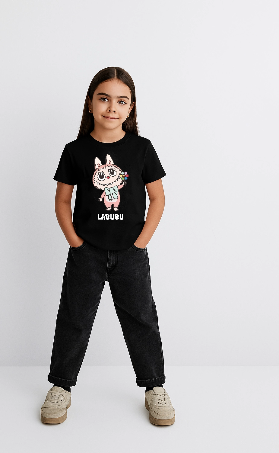 ASSEMA Kız Labubu Çocuk Baskılı T-Shirt - Siyah