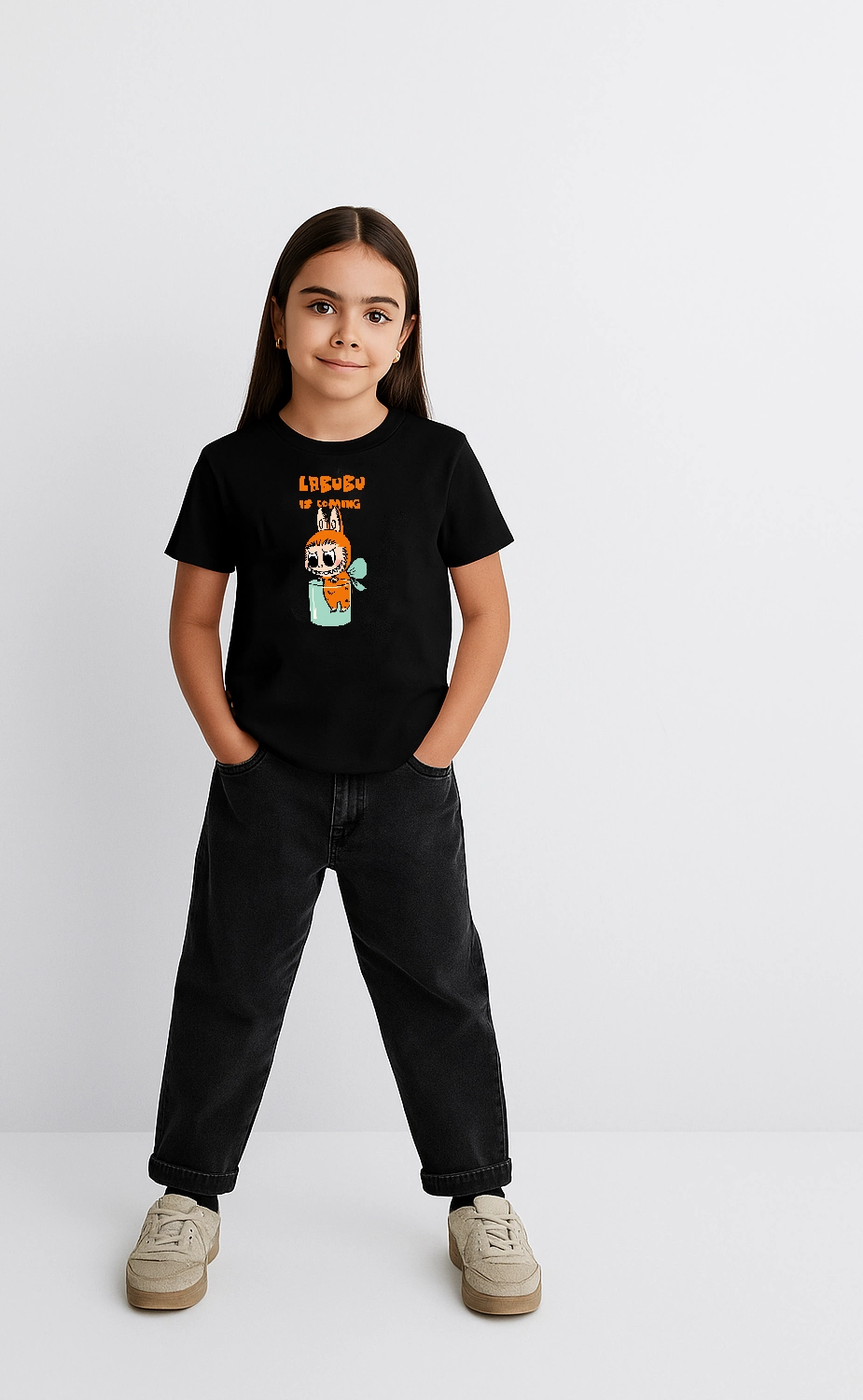 ASSEMA Kız Labubu Çocuk Baskılı T-Shirt - Siyah