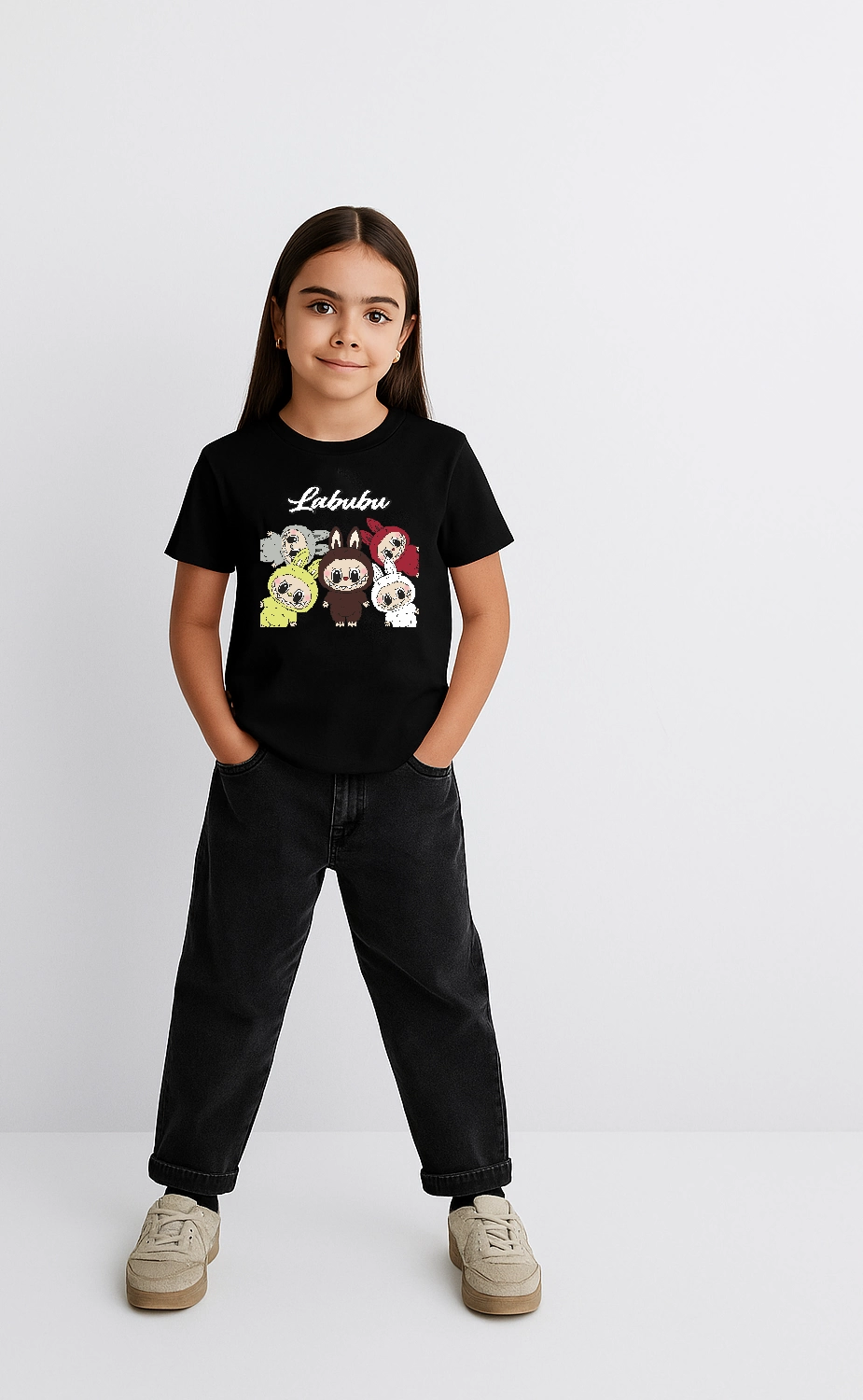 ASSEMA Kız Labubu Çocuk Baskılı T-Shirt - Siyah