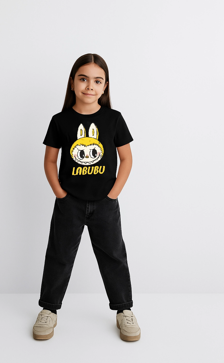 ASSEMA Kız Labubu Çocuk Baskılı T-Shirt - Siyah